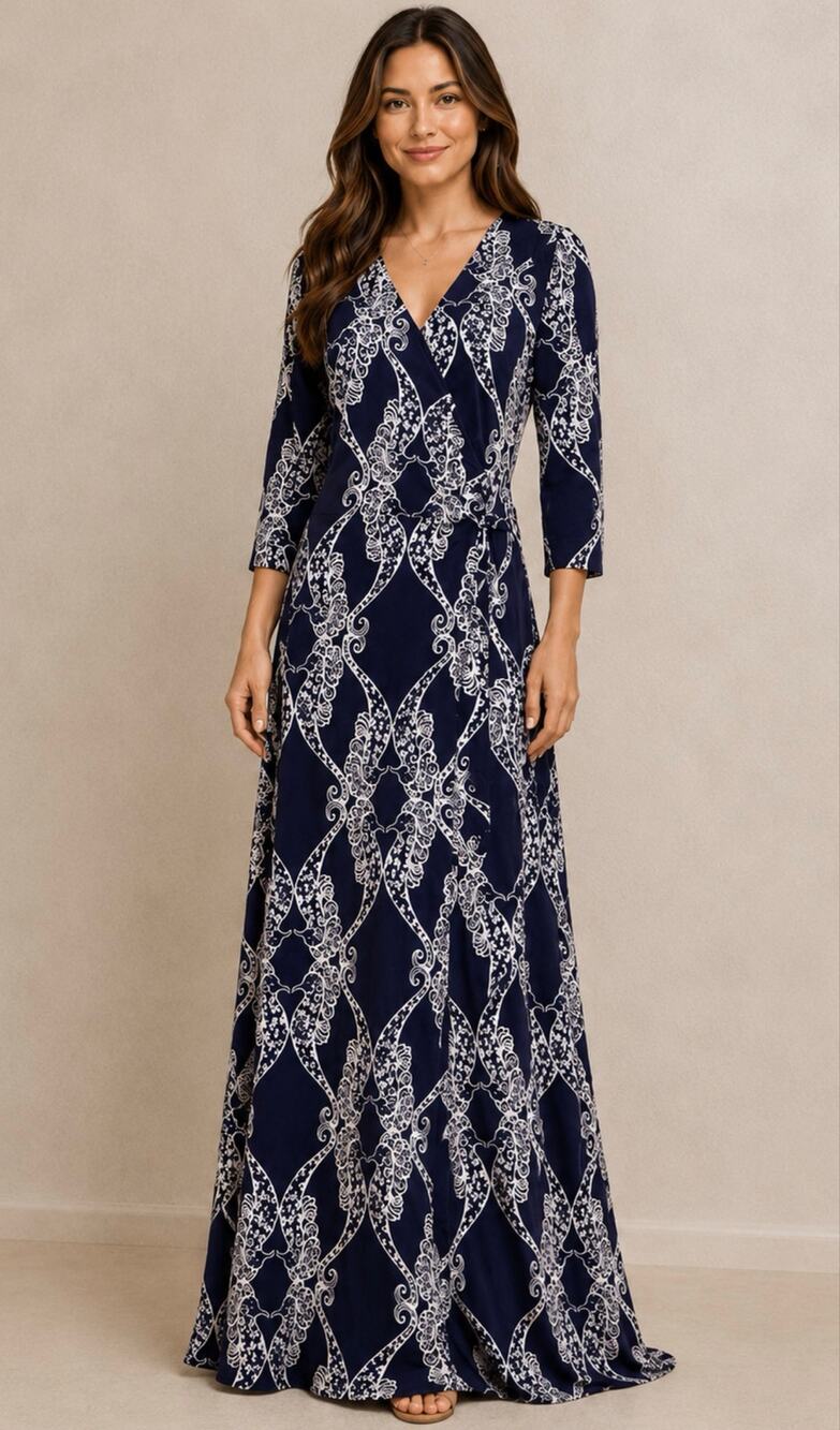 Lilly Pulitzer 61” long Maxi Wrap Dress Navy Blue White Seahorse Print Stretchy